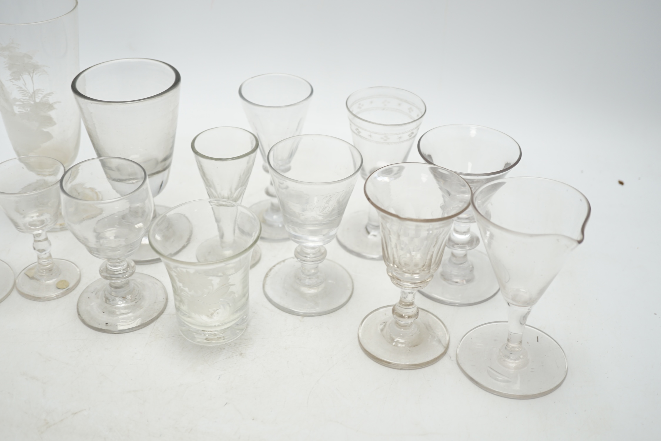 A group of thirteen various glasses, 18th century and later, including Mary Gregory, tallest 16.5cm. Condition - fair to good